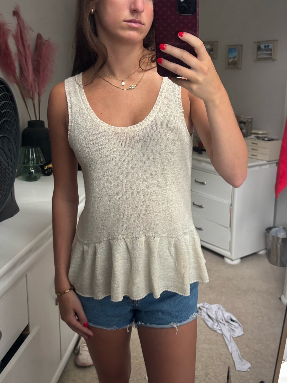 Sleeveless Cream Ruffle-Hem Knit Tank Top